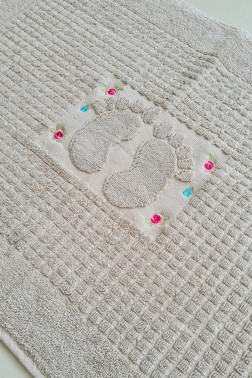 Rose Embroidered Cotton Foot Towel 50x70 cm Light Brown - Thumbnail