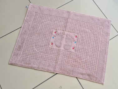 Rose Embroidered Cotton Foot Towel 50x70 cm Pink - Thumbnail