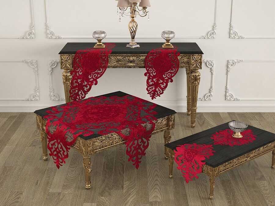  Roseart Velvet Living Room Table Cover Set 5 Pieces Red