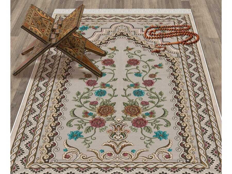 Rosegarden Velvet Prayer Rug Beige - Thumbnail