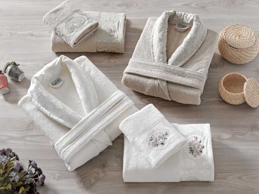 Rosel Rolled Jacquard Family Bathrobe Set Cappucino Cream