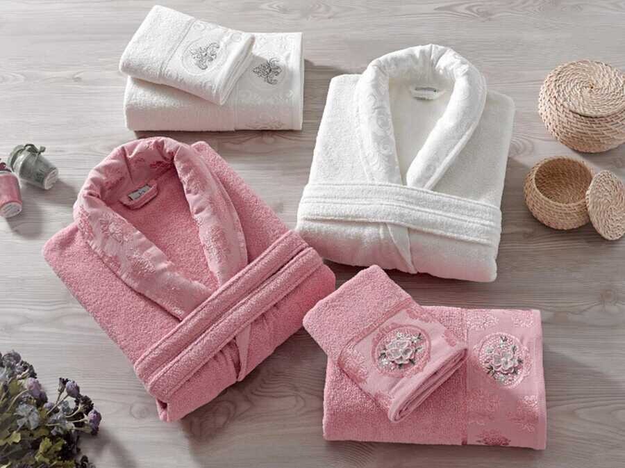 Rosel Rolled Jacquard Family Bathrobe Set Rose Cream - Thumbnail