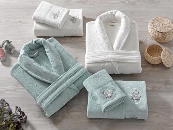 Rosel Curl Jacquard Family Bathrobe Set Mint Cream