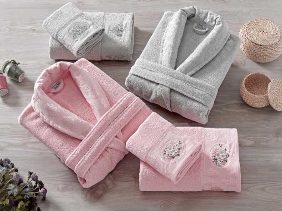 Dowry World - Rosel Rolled Jacquard Family Bathrobe Set Powder Gray