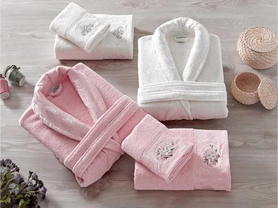 Rosel Rolled Jacquard Family Bathrobe Set Powder Cream