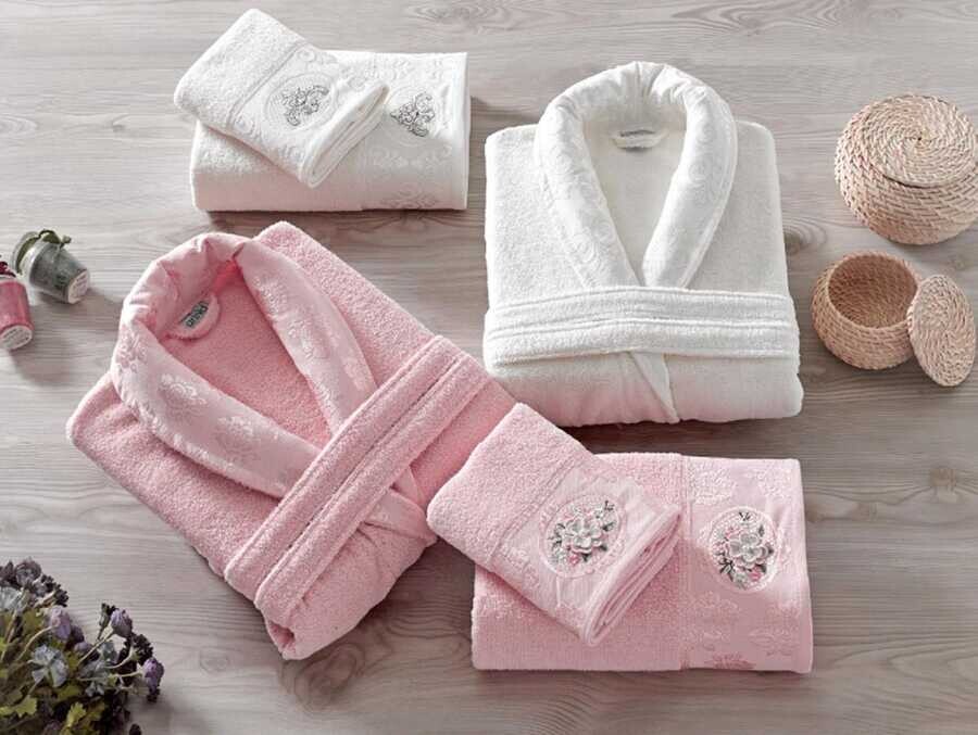 Rosel Rolled Jacquard Family Bathrobe Set Salmon Cream - Thumbnail