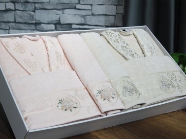 Rosel Jacquard %100 Cotton Family Bathrobe Set 6 pcs Salmon Cappucino - Thumbnail