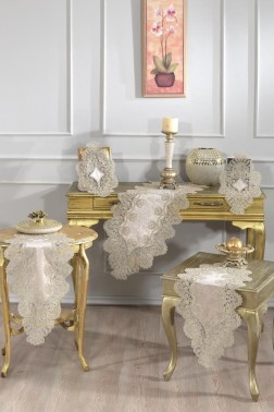 Royal Velvet Runner Set 5 Pieces For Living Room, French Lace, Wedding, Home Accessories, Cappucino - Thumbnail