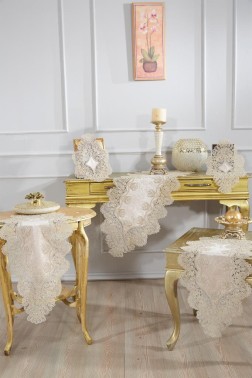 Royal Velvet Runner Set 5 Pieces For Living Room, French Lace, Wedding, Home Accessories, Cappucino - Thumbnail