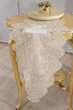 Royal Velvet Runner Set 5 Pieces For Living Room, French Lace, Wedding, Home Accessories, Cappucino - Thumbnail