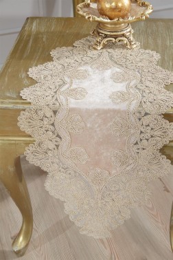 Royal Velvet Runner Set 5 Pieces For Living Room, French Lace, Wedding, Home Accessories, Cappucino - Thumbnail