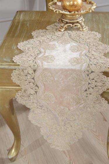 Royal Velvet Runner Set 5 Pieces For Living Room, French Lace, Wedding, Home Accessories, Cappucino