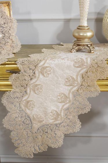 Royal Velvet Runner Set 5 Pieces For Living Room, French Lace, Wedding, Home Accessories, Cappucino