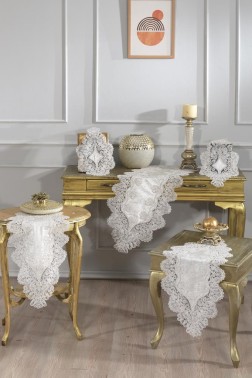 Royal Velvet Runner Set 5 Pieces For Living Room, French Lace, Wedding, Home Accessories, Cream - Thumbnail