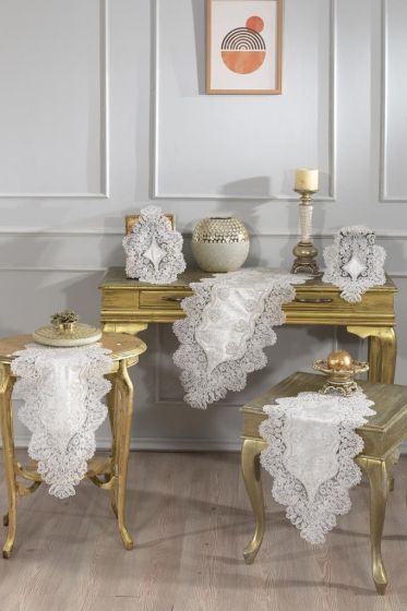 Royal Velvet Runner Set 5 Pieces For Living Room, French Lace, Wedding, Home Accessories, Cream