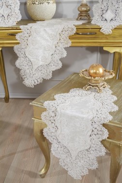 Royal Velvet Runner Set 5 Pieces For Living Room, French Lace, Wedding, Home Accessories, Cream - Thumbnail