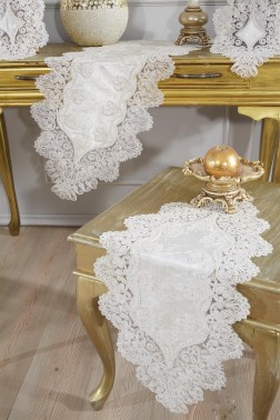 Royal Velvet Runner Set 5 Pieces For Living Room, French Lace, Wedding, Home Accessories, Cream - Thumbnail