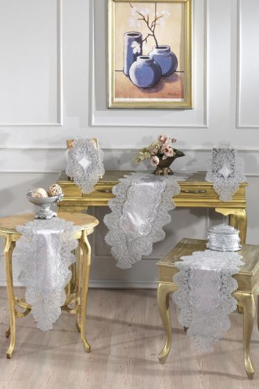 Royal Velvet Runner Set 5 Pieces For Living Room, French Lace, Wedding, Home Accessories, Gray