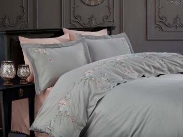 Dream Embroidered Cotton Satin Double Duvet Cover Set Gray - Thumbnail