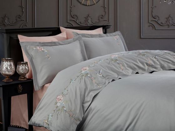 Dream Embroidered Cotton Satin Double Duvet Cover Set Gray