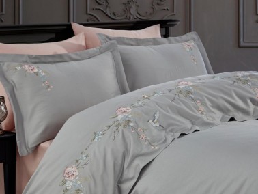 Dream Embroidered Cotton Satin Double Duvet Cover Set Gray - Thumbnail