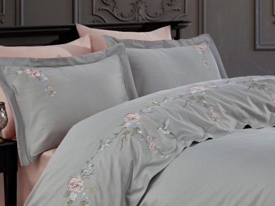 Dream Embroidered Cotton Satin Double Duvet Cover Set Gray