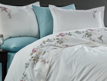 Dream Embroidered Cotton Satin Double Duvet Cover Set Cream - Thumbnail