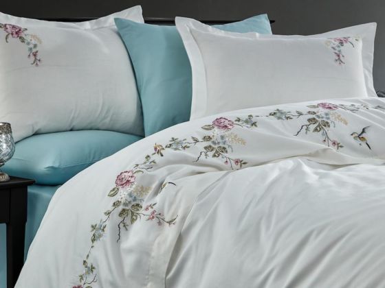 Dream Embroidered Cotton Satin Double Duvet Cover Set Cream