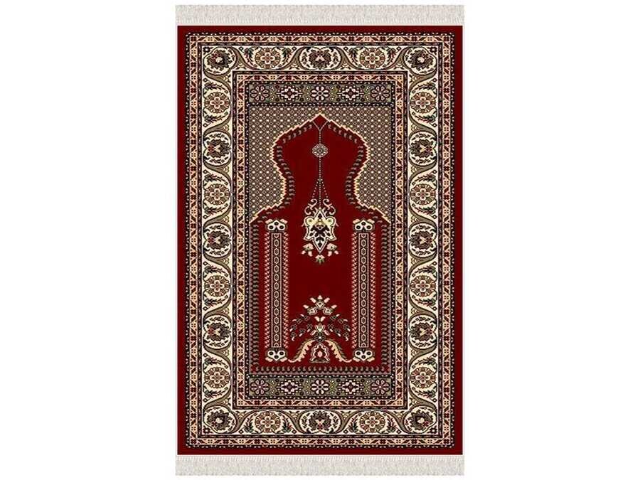 Safa Velvet Prayer Rug Burgundy - Thumbnail
