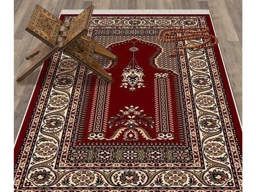 Safa Velvet Prayer Rug Burgundy - Thumbnail