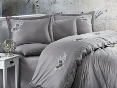 Sapphire Embroidered Cotton Satin Double Duvet Cover Set Anthracite - Thumbnail