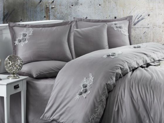 Sapphire Embroidered Cotton Satin Double Duvet Cover Set Anthracite