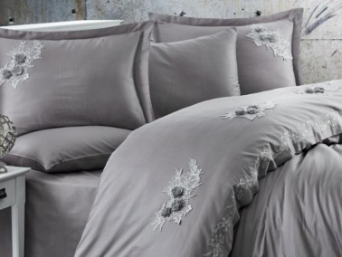 Sapphire Embroidered Cotton Satin Double Duvet Cover Set Anthracite - Thumbnail