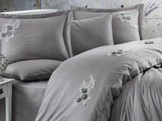 Sapphire Embroidered Cotton Satin Double Duvet Cover Set Anthracite