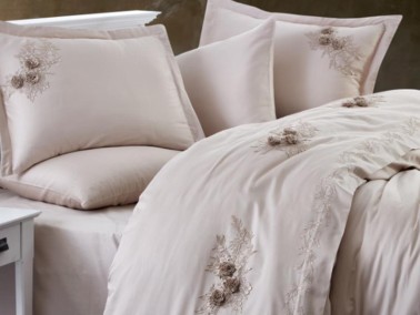 Sapphire Embroidered Cotton Satin Double Duvet Cover Set Beige - Thumbnail