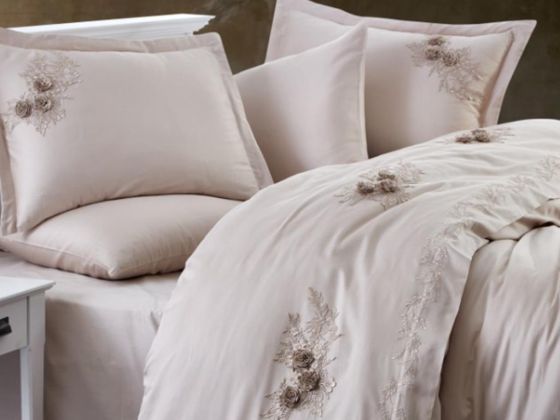 Sapphire Embroidered Cotton Satin Double Duvet Cover Set Beige