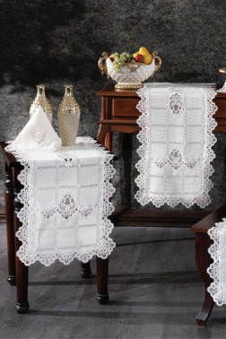 Sahra 5 Piece Living Room Set, Tablecloth, Table Runner, Coffee Table Runner, Runner Cream - Thumbnail