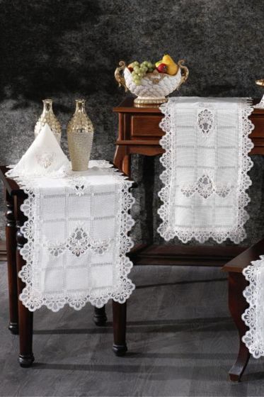 Sahra 5 Piece Living Room Set, Tablecloth, Table Runner, Coffee Table Runner, Runner Cream