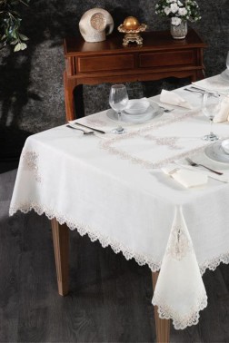 Sahra Dinner Set 26 pcs, Tablecloth Rectangle, Runner, Placemat, Cream - Thumbnail