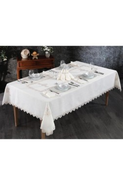 Sahra Dinner Set 26 pcs, Tablecloth Rectangle, Runner, Placemat, Cream - Thumbnail