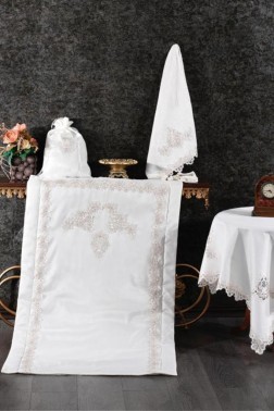 Sahra Velvet Maras Prayer Rug Set 6pcs, Rug 70x115 cm,Towel, Bundle, Cream - Thumbnail