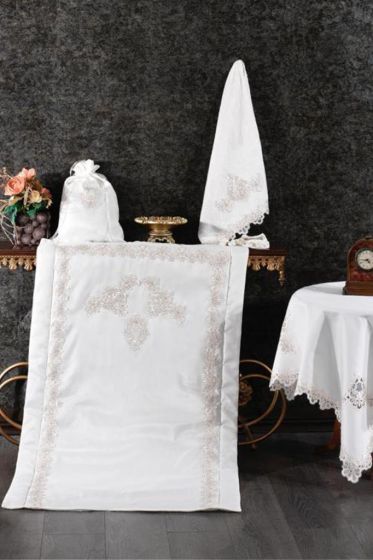 Sahra Velvet Maras Prayer Rug Set 6pcs, Rug 70x115 cm,Towel, Bundle, Cream