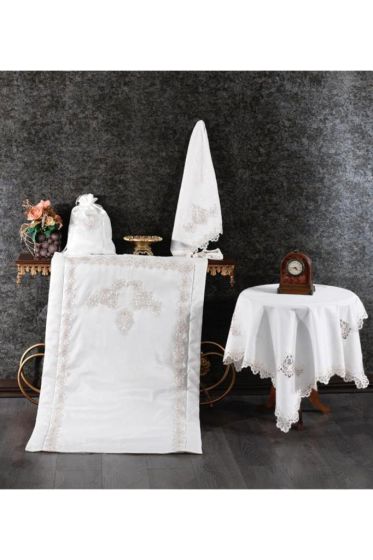 Sahra Velvet Maras Prayer Rug Set 6pcs, Rug 70x115 cm,Towel, Bundle, Cream