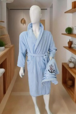 Sailor Embroidered Bathrobe Set 2 pcs, Bathrobe M-L, Towels 90x50 cm Cotton Blue - Thumbnail