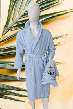 Sailor Embroidered Bathrobe Set 2 pcs, Bathrobe M-L, Towels 90x50 cm Cotton Blue - Thumbnail