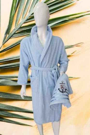 Sailor Embroidered Bathrobe Set 2 pcs, Bathrobe M-L, Towels 90x50 cm Cotton Blue