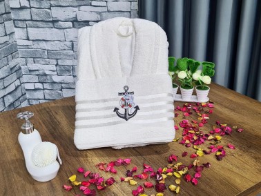 Sailor Embroidered Bathrobe Set 2 pcs, Bathrobe M-L, Towels 90x50 cm Cotton Cream - Thumbnail