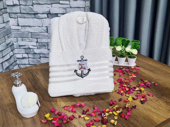 Sailor Embroidered Bathrobe Set 2 pcs, Bathrobe M-L, Towels 90x50 cm Cotton Cream