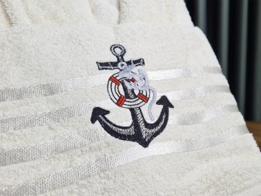 Sailor Embroidered Bathrobe Set 2 pcs, Bathrobe M-L, Towels 90x50 cm Cotton Cream - Thumbnail