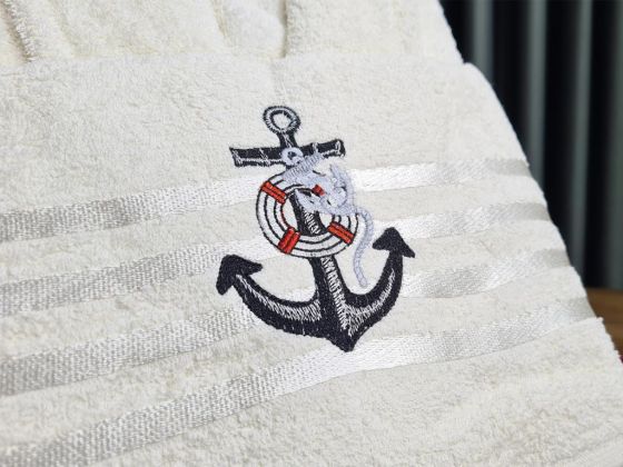 Sailor Embroidered Bathrobe Set 2 pcs, Bathrobe M-L, Towels 90x50 cm Cotton Cream